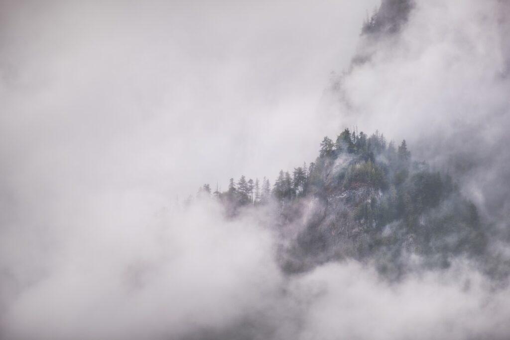 Mountain landscape in fog near Busteni Romania