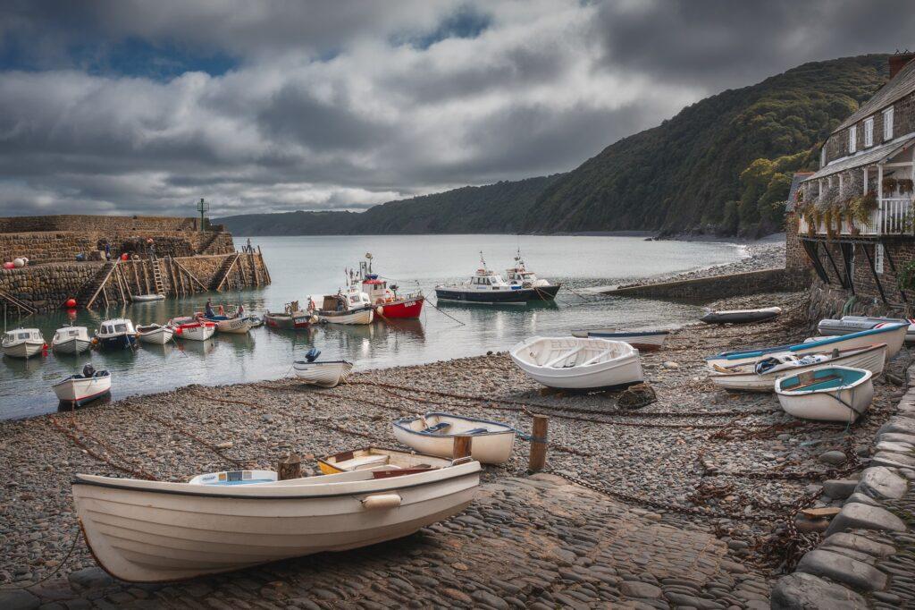 Fishing boats in the harbour of Clovelly Devon England