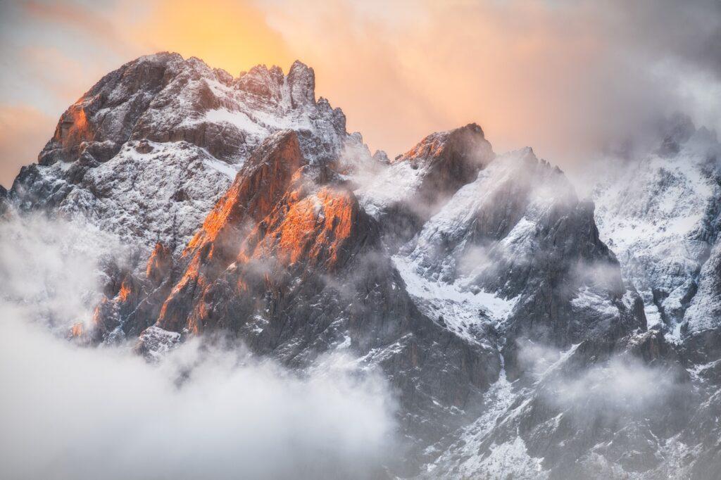 Snowy peaks at sunset in the Dolomites