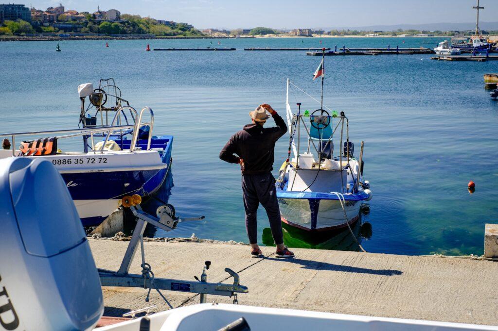 Small fishing boats in Nessebar harbor Bulgaria