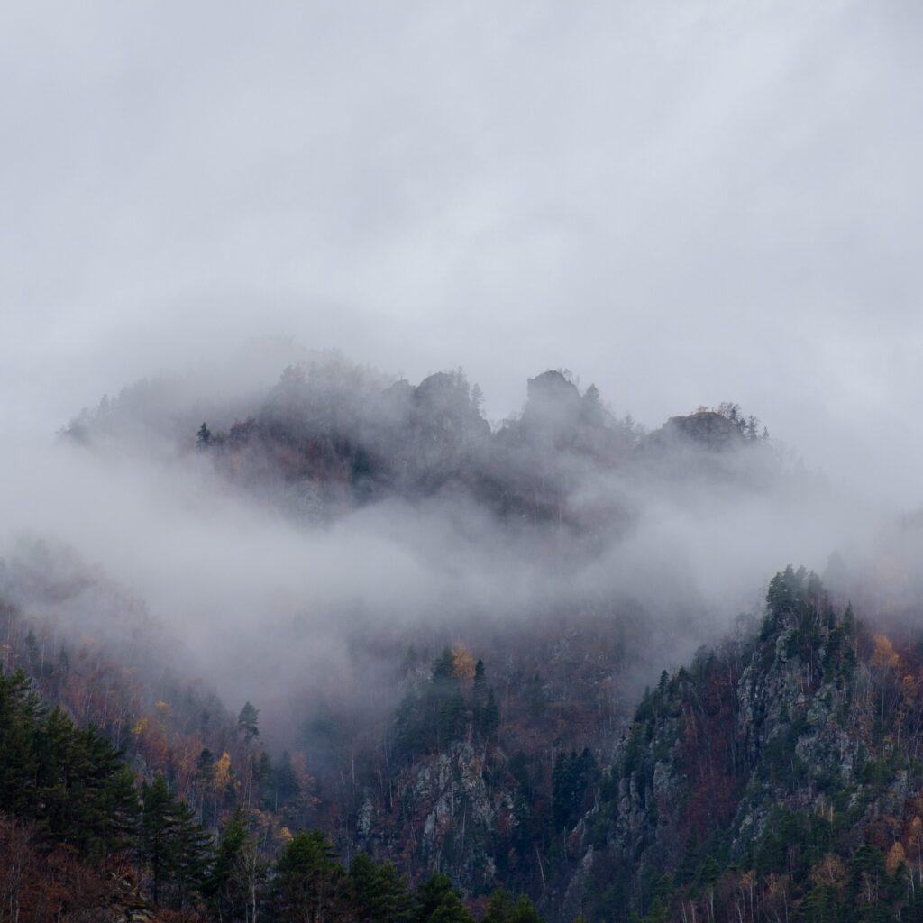 Misty peaks on the road towards Transalpina in Romania