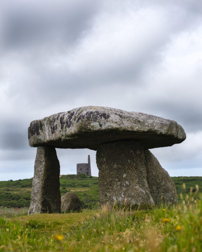 Lanyon Quoit dolmen photographed on a cloudy day in Cornwall England