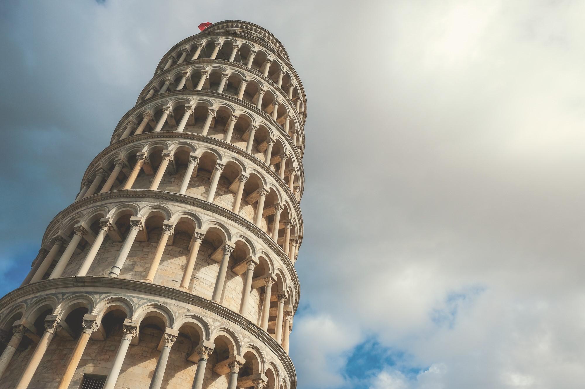 The leaning Tower of Pisa photographed from below in Pisa Italy