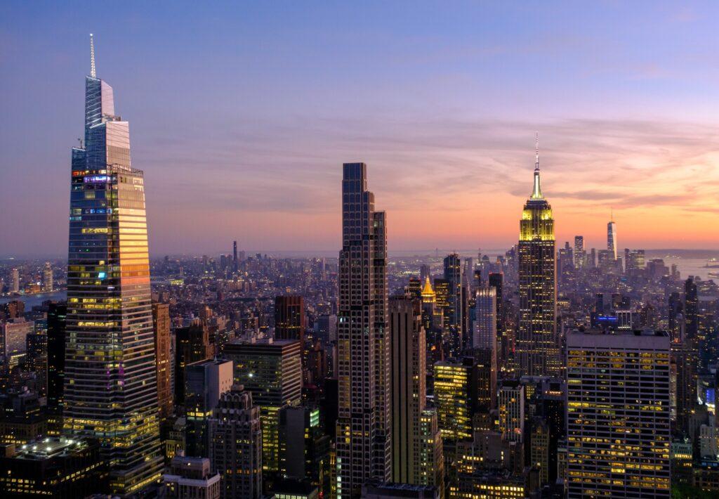 Manhattan skyline photographed at sunset from Top of the Rock New York