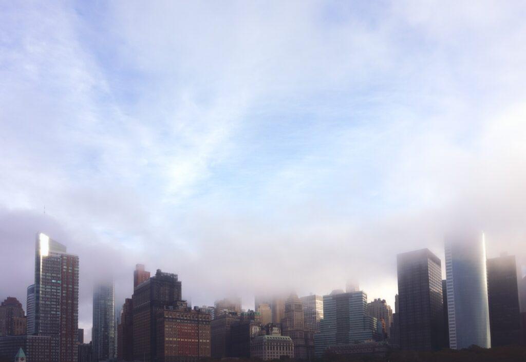 View of the Manhattan skyline photographed from a boat on the way to the Statue of Liberty