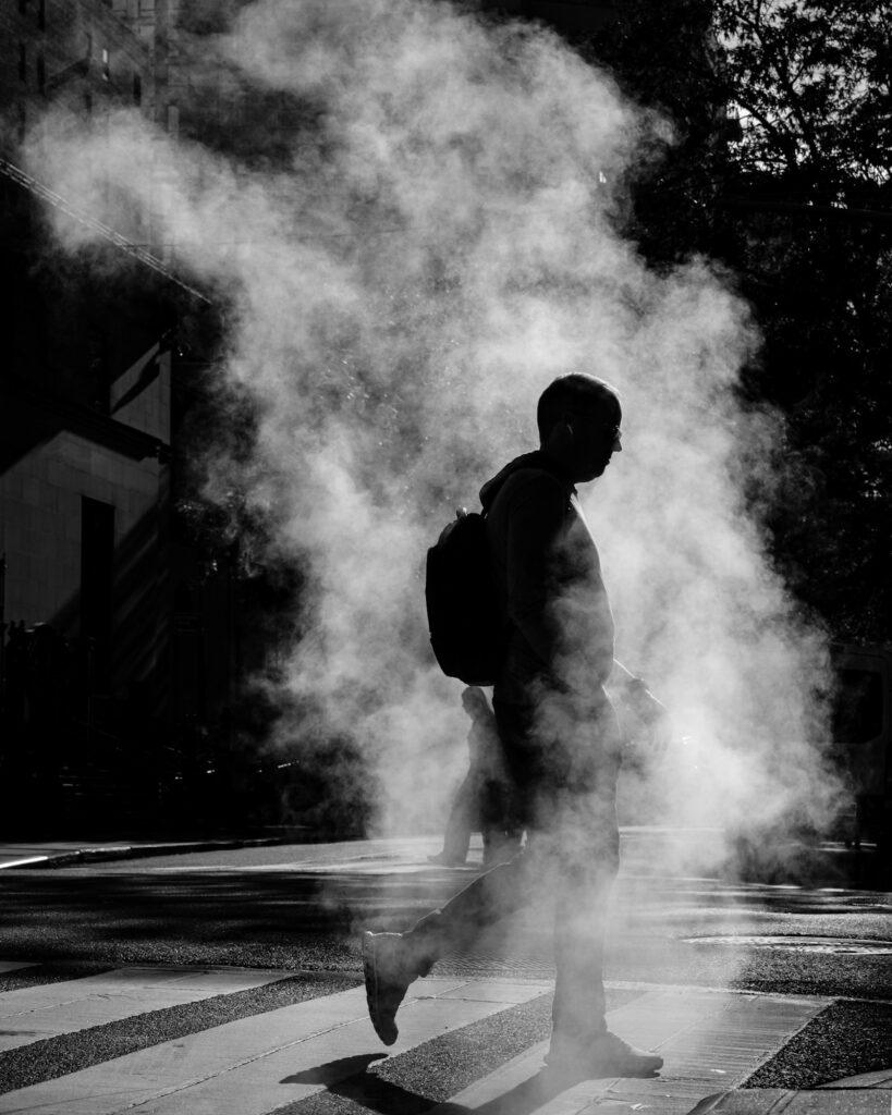 Morning silhouette scene shot in black and white in Manhattan New York