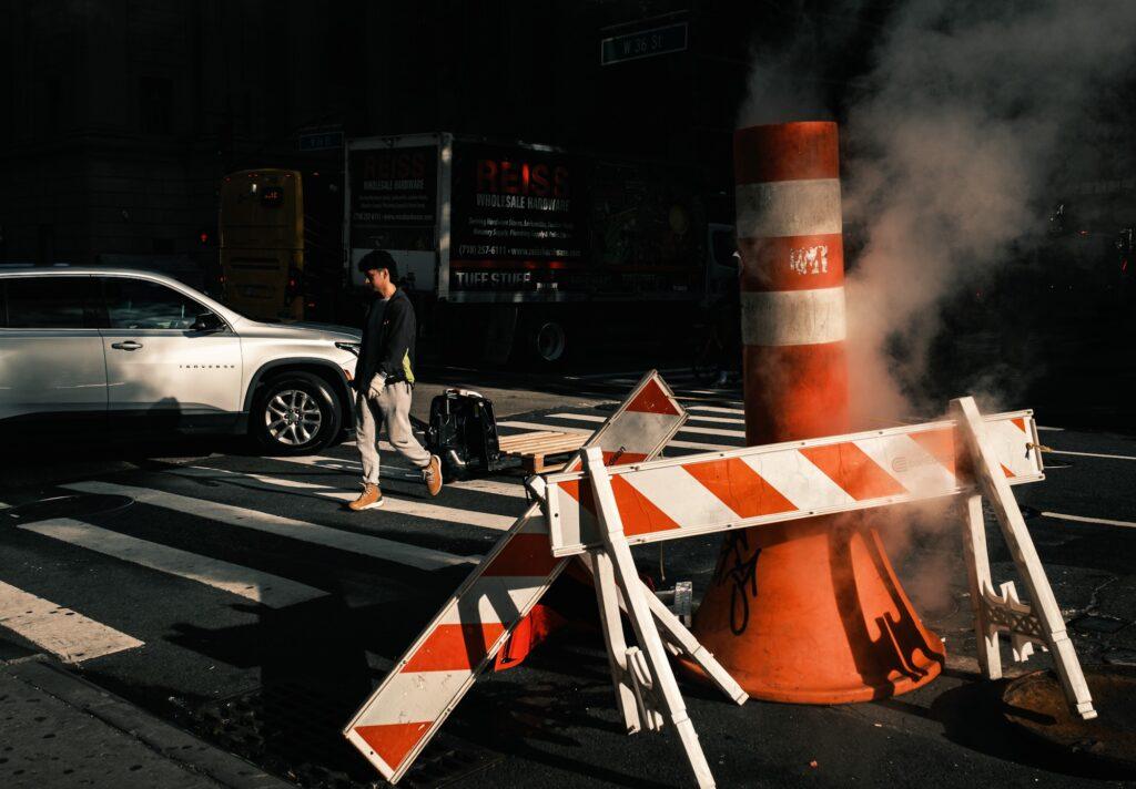 New York classic steam and crosswalk scene