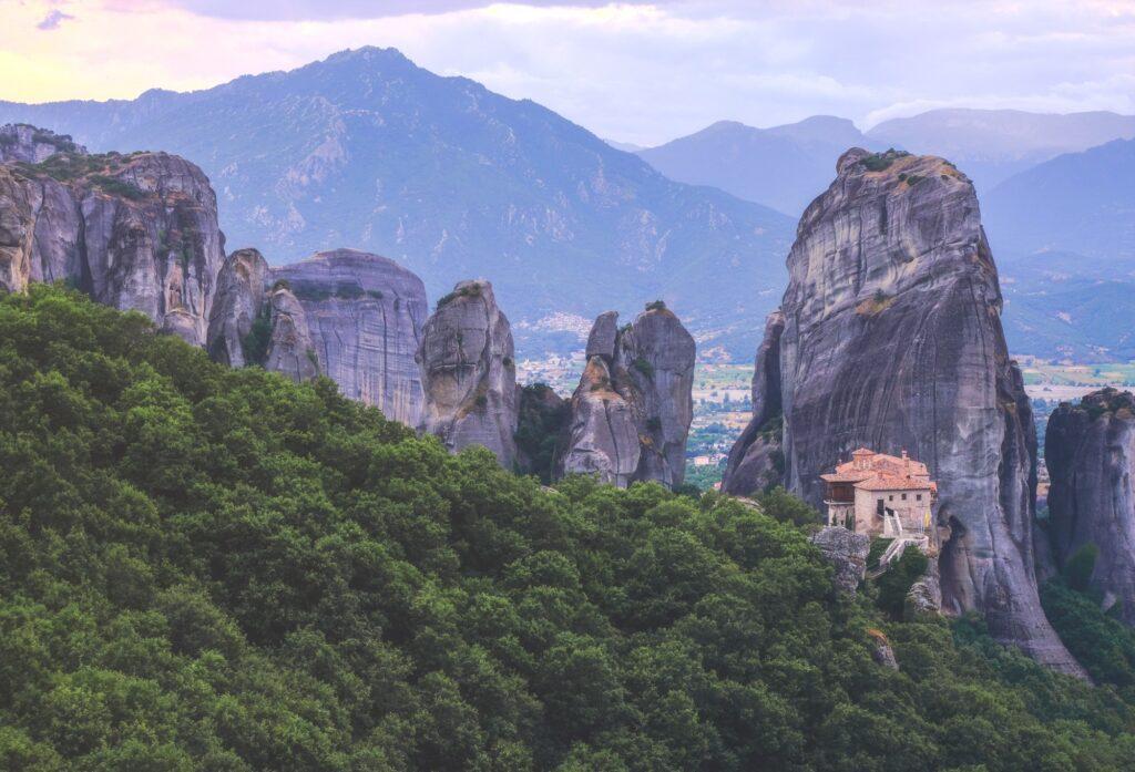 Meteora monasteries close to sunset in Meteora Greece