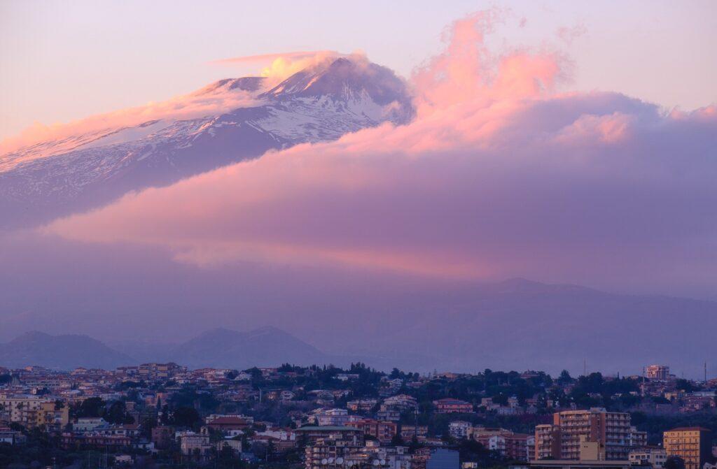 Mount Etna volcano seen from Catania in Sicily Italy