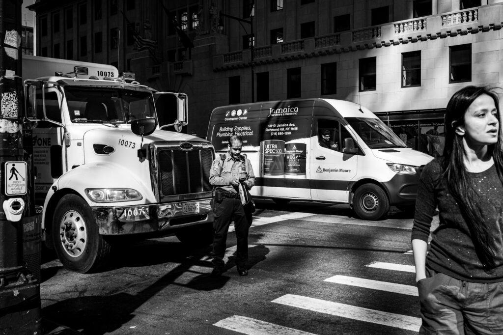 Street scene shot in black and white in Manhattan New York