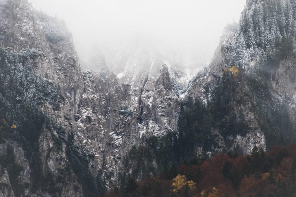 Foggy view of the Piatra Craiului mountains seen from Plaiul Foii in Romania