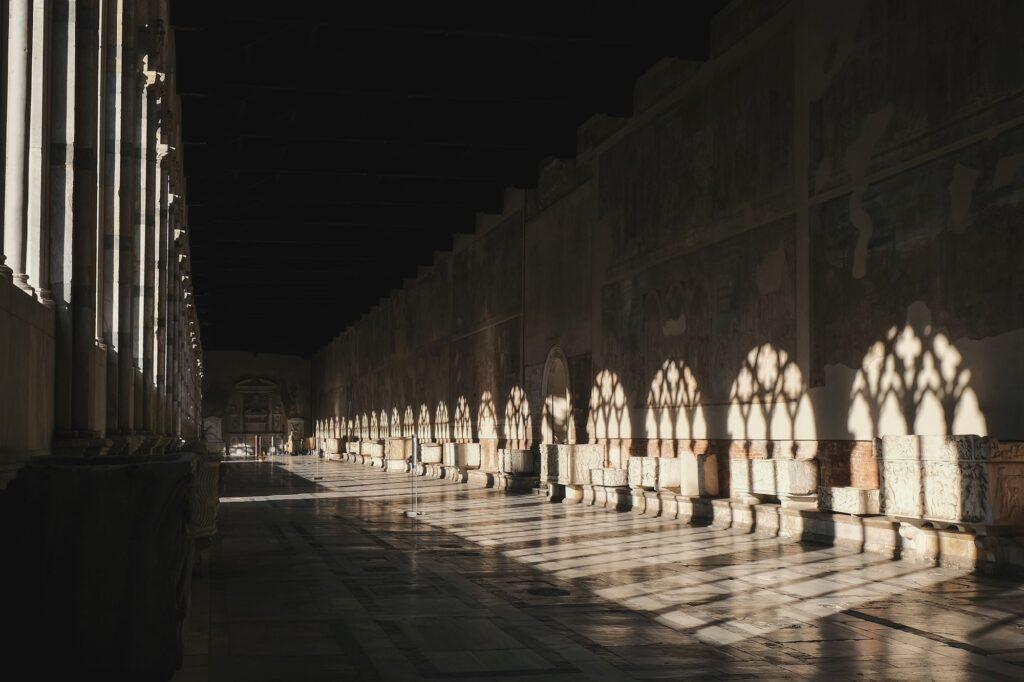 Light and shadow in the Piazza dei Miracoli complex in Pisa, Tuscany