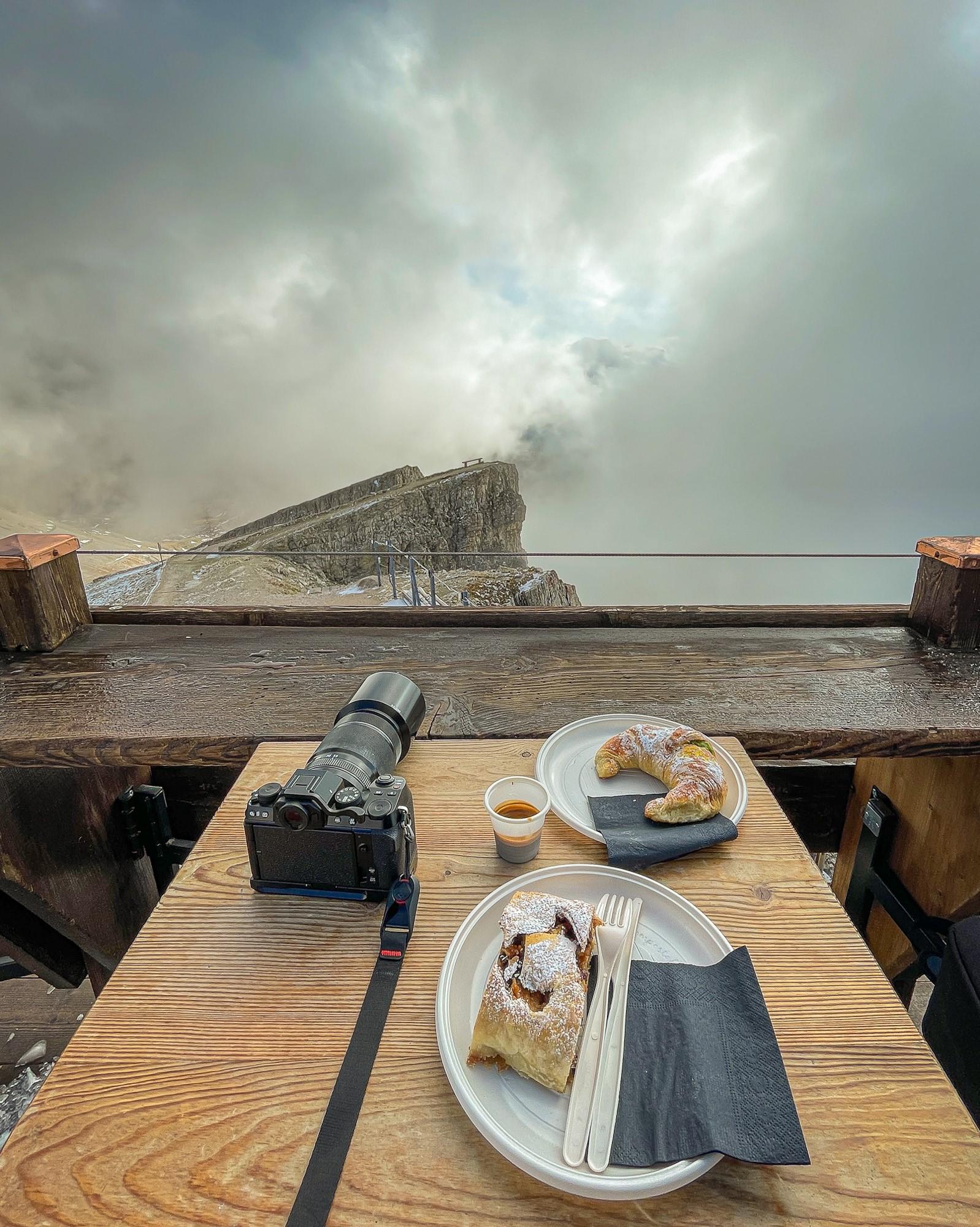 Fujifilm X-S10 and cookies to start the day on a cloudy morning at Rifugio Lagazuoi in the Dolomites Italy