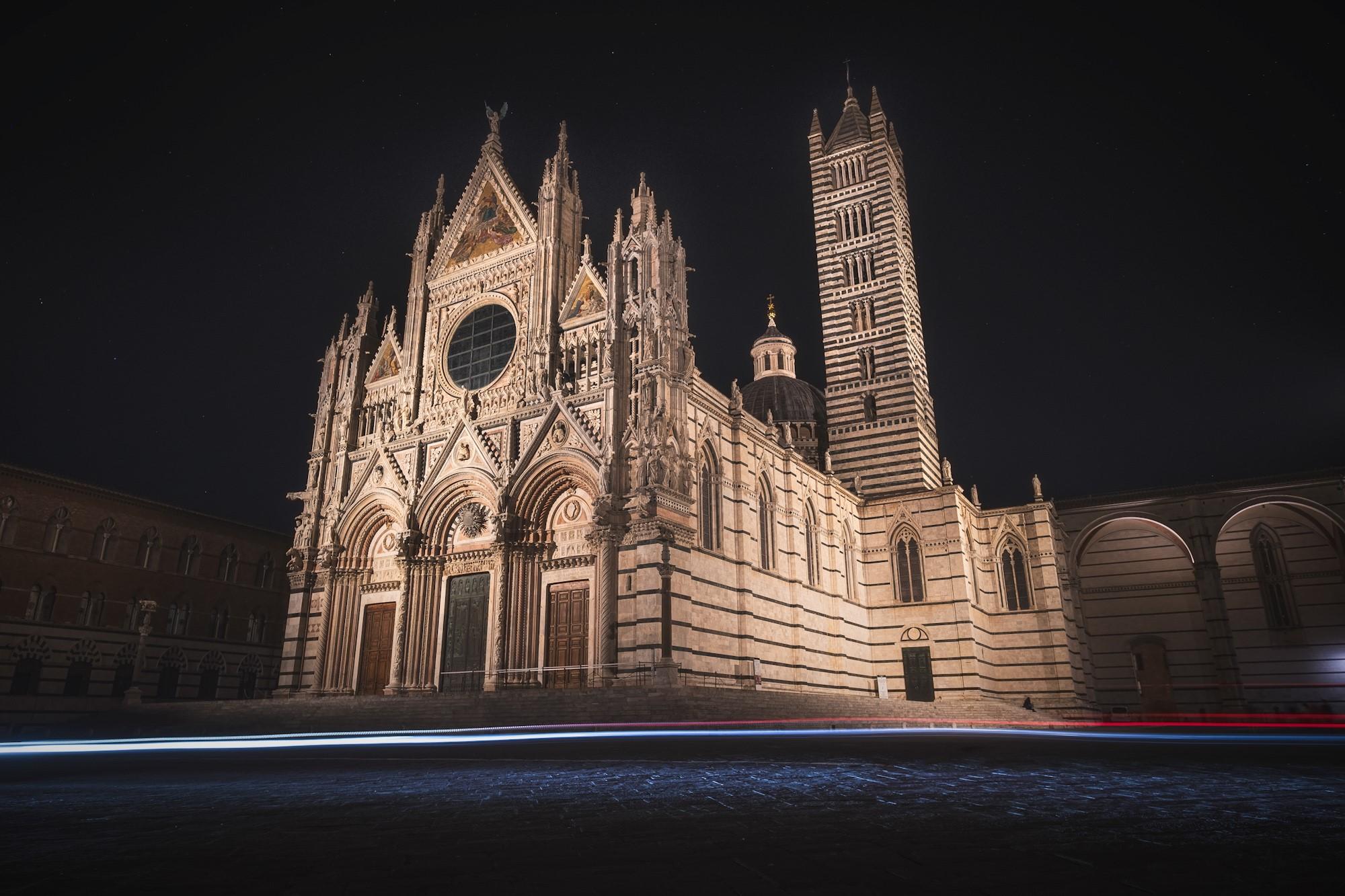 Siena Cathedral illuminated at night in Tuscany