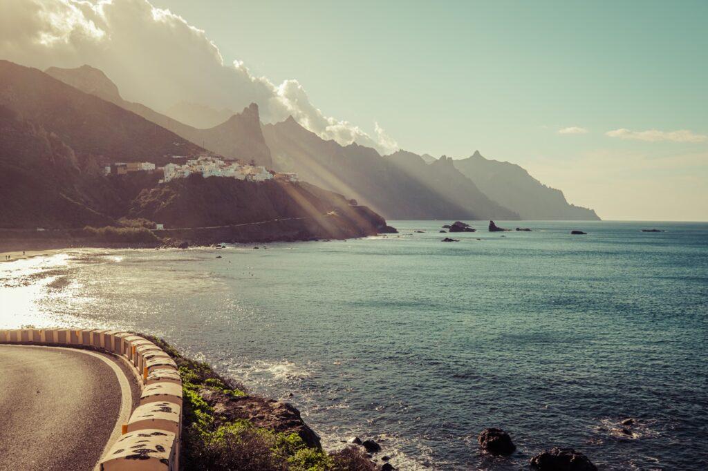 Sun rays over the cliffs in Tenerife Canary Islands