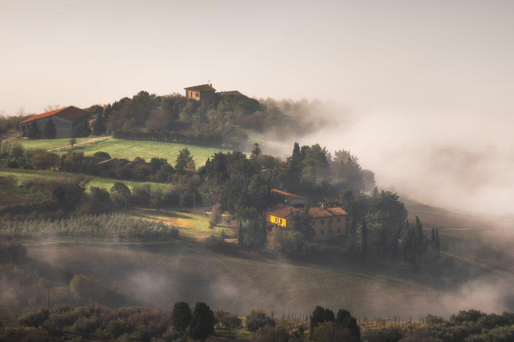 Foggy morning landscapes near Volterra in Tuscany